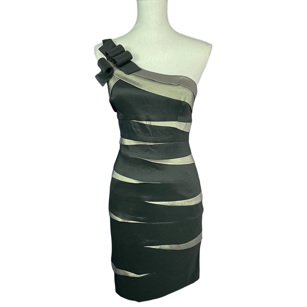 Cache One-Shoulder Striped Dress 8 bow taupe black short body on